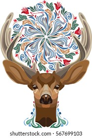 Vector illustration isolated deer with floral circle between horns. Young cute forest animal. Symbol of spring