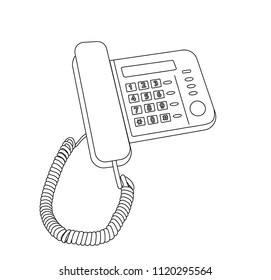 Vector illustration, isolated desktop wired phone with buttons in black and white colors, outline hand painted drawing