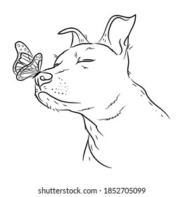 Vector illustration of isolated doodle sketch dog with a bow tie on the nose. Contented dog fashion with closed eyes. A symbol of love for animals, for dogs.