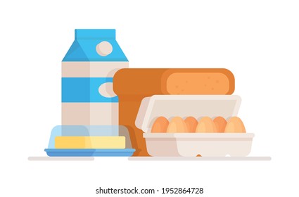 Vector illustration of an isolated drawing of dairy products. Milk packaging. Box of eggs.  Useful foods when breastfeeding a baby.