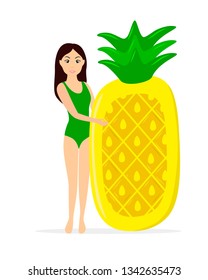
vector illustration isolated drawing, girl with an inflatable mattress in the form of a pineapple