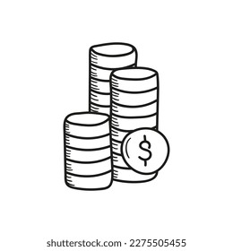 Vector Illustration: Isolated Drawing-Style Money Coin Stack in doodle style on White Background