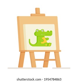 Vector illustration of isolated easel with crocodile drawing. Artist's elements. Banner for the school of drawing. Easel and colorful palette with paints, paint brushes.