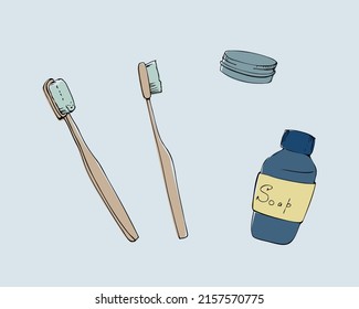 Vector illustration isolated. Eco objects: toothbrush, soap in reusable bottle, aluminum jar. Flat style. Zero waste 