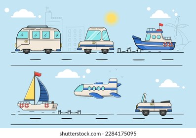 Vector illustration isolated elements.Cute hand drawn transport, water transport and road transport. Linear color icons set.