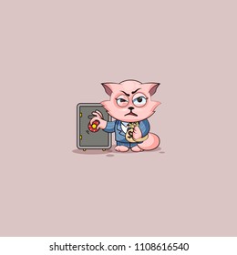 Vector Illustration isolated Emoji character cartoon wealth riches cat cub kitten kitty in business suit sticker emoticon open safe to hide money celebrate profit dollar earning income salary motion