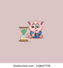 Vector Illustration isolated Emoji character cartoon businessman sad cat cub kitten kitty in business suit sticker emoticon sits at hourglass money goes as sand losses cost spending expense charges