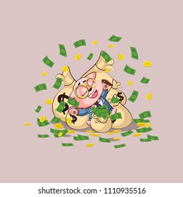 Vector Illustration isolated Emoji character cartoon wealth riches cat cub kitten kitty in business suit sticker emoticon lies happy on bags money celebrates profits dollars earnings income salary
