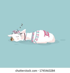 Vector Illustration isolated emoji character cartoon llama alpaca guanaco sleeps on the stomach sticker emoticon for mascot site info graphic video animation website e-mail newsletter reports comics