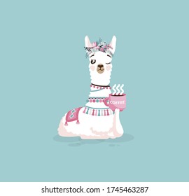 Vector Illustration isolierte emoji Charakter Cartoon llama alpaca guanaco gerade aufgewacht mit Tasse Kaffeeaufkleber emoticon für Maskottage Website Grafik Video Animation Website E-Mail-Newsletter-Bericht