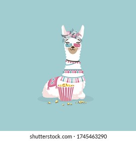 Vector Illustration isolated emoji character cartoon llama alpaca guanaco chewing popcorn, watching movie 3D glasses sticker emoticon for mascot site info graphic video animation website motion design