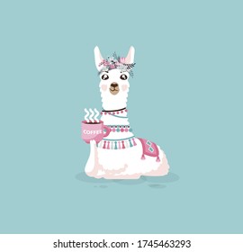 Vector Illustration isolated emoji character cartoon llama alpaca guanaco nervous with cup of coffee sticker emoticon for mascot site info graphic video animation website e-mail newsletter reports