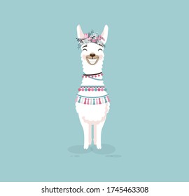 Vector Illustration isolated emoji character cartoon llama alpaca guanaco with huge smile from ear to ear sticker emoticon for mascot site info graphic video animation website e-mail newsletter report