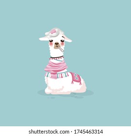 Vector Illustration isolated emoji character cartoon llama alpaca guanaco sick with thermometer in mouth sticker emoticon for mascot site info graphic video animation website e-mail newsletter reports