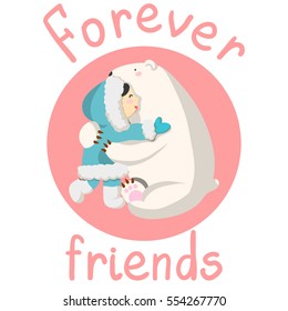 vector illustration isolated with Eskimo and polar bear. native of the north polar bear hugs. handwritten inscription Friends Forever