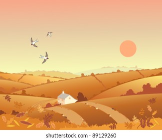vector illustration of an isolated farmhouse set in rolling autumn landscape with swallows flying in eps 10 format