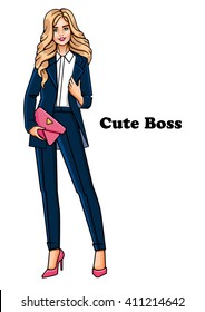 Vector illustration. Isolated fashion girl in suit . Young woman standing in white background. Cute blonde in full-length.