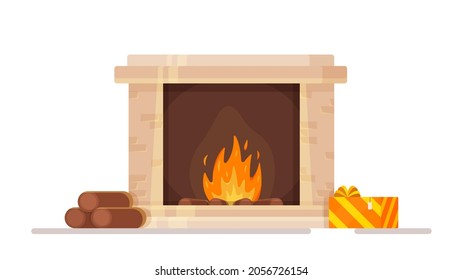 Vector illustration of an isolated fireplace on a white background. Winter, New Year atmosphere.