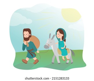 Vector illustration isolated in a flat cartoon childish style. Bible picture. Joseph and Mary ride on a donkey to Bethlehem. Birth of Jesus Christ. Sunday School for children. Bible in pictures.