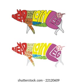 vector illustration of isolated funny pig made from colored words describing parts