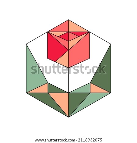 Vector illustration of an isolated geometric polygon red tulip bud with green leaves in a black line hexagon. White background. Logo art minimal style. 8 march. International Women's Day