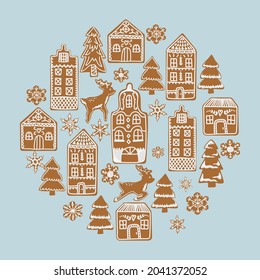 Vector illustration of isolated gingerbread cookies, including houses, deer, fir trees, snowflakes. gingerbread circle
