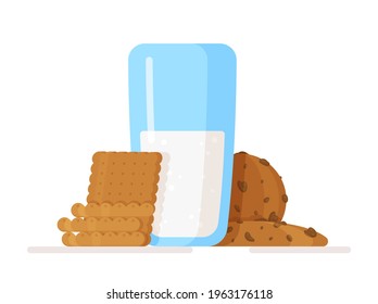 Vector illustration of an isolated glass of milk and cookies on a white background. Delicious sweet snack. Badge for milk stores, supermarkets, bakeries and the rest. 