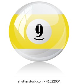 Vector illustration of a isolated glossy - nine, half-yellow - pool ball against white background.