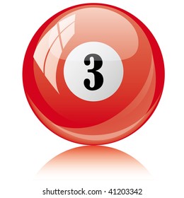 Vector illustration of a isolated glossy - three, red - pool ball against white background.