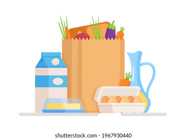 Vector illustration of an isolated grocery bag on a white background.  Buying fresh vegetables, eggs, dairy products and the rest.