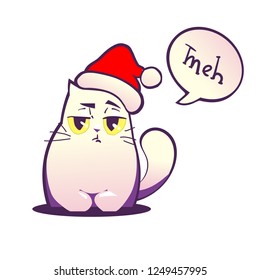 Vector illustration, isolated grumpy cat in Santa's hat, line cartoon style with gradients. With "Meh" exclamation in the speech bubble. Applicable for negative or satirical concepts, banners, flyers