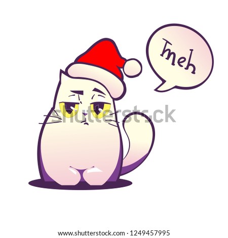 Vector illustration, isolated grumpy cat in Santa's hat, line cartoon style with gradients. With 