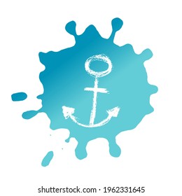 Vector illustration. Isolated grunge drawing anchor icon on hand drawing graduent blue ink. Sea boat vintage logo drawing manual brush ink. Background for printable products