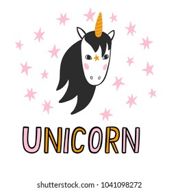 Vector illustration of isolated hand drawn unicorn character decorated with pink stars and hand lettering word Unicorn for greeting card, print, poster, kids room decoration