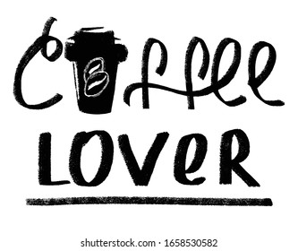 Vector illustration with isolated hand drawn phrase on white background. Coffee lover. advertising typography, t-shirts, greetings and any type of cards, hand drawn, handmade white backgounrd Vectr.