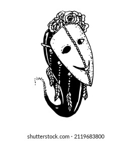Vector illustration of an isolated hand drawn black ghost with a mask flowers and feathers. White background. Sketch art style. Dots. Day of the Dead