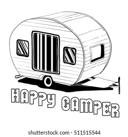 Vector illustration of isolated Hand Drawn, doodle Camper, car Recreation transport, Vehicles Camper Vans CaravansIcon. Motorhome for Camping. Object with text.