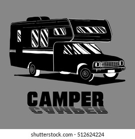 Vector illustration of isolated Hand Drawn, doodle Camper, car Recreation transport, Vehicles Camper Vans Caravans Icons. Motor home. Object with text.