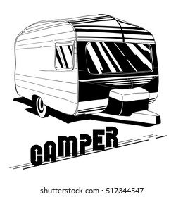 Vector illustration of isolated Hand Drawn, doodle Vintage Camper, Recreation transport, Vehicles Camper Vans Caravan Icon. Motorhome for Camping. Object with text.