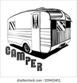 Vector illustration of isolated  Hand Drawn, doodle Vintage Camper, car Recreation transport Trailer, Vehicles Camper Vans Caravans Icons. Motor home for Camping. Object with text.