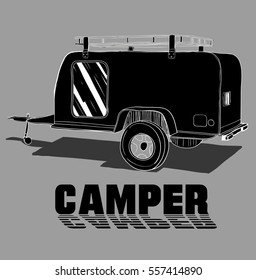 Vector illustration of isolated Hand Drawn, doodle Camper trailer, car Recreation transport, Vehicles Camper Vans Caravans Icons. Motor home. Object with text.