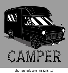 Vector illustration of isolated Hand Drawn, doodle Camper, car Recreation transport, Vehicles Camper Vans Caravans Icons. Motor home. Object with text.