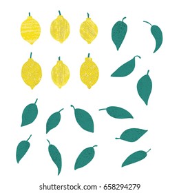 a vector illustration of an isolated hand drawn lemon fruit with leaves; made in modern style with textured surface; an artistic style; fruit cartoon clip art