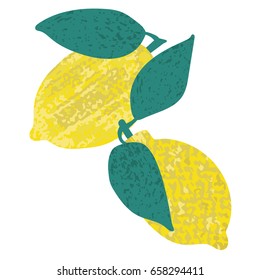 a vector illustration of an isolated hand drawn lemon fruit with two leaves; made in modern style with textured surface; an artistic style; fruit cartoon clip art