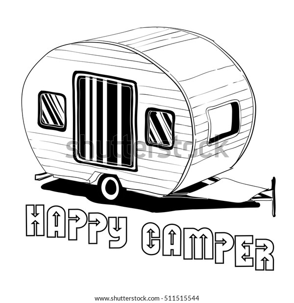 Vector illustration of\
isolated Hand Drawn, doodle Camper, car Recreation transport,\
Vehicles Camper Vans CaravansIcon. Motorhome for Camping. Object\
with text.