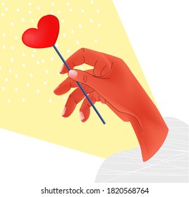 Vector illustration isolated hand with Lollipop in shape of heart on abstract background. 3D and flat. Concept Valentine s Day, love, greetings. You can use it in postcards, as element web design, etc