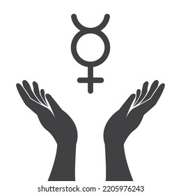 Vector Illustration of an isolated hands offering sign with the mercury planet symbol