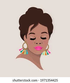 Vector illustration isolated head face portrait dark skin lady eyes shut with fashionable trendy earrings neon colors pink lips