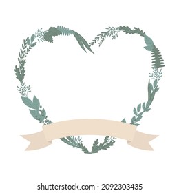 Vector illustration isolated heart frame with flowers and ribbon. Mother's day, Valentine's day, wedding, love bohemian concept for cards, invitations