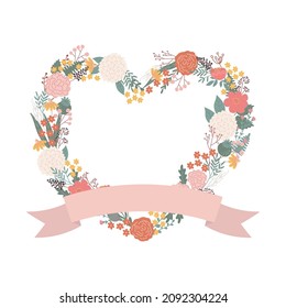 Vector illustration isolated heart frame with flowers and ribbon. Mother's day, Valentine's day, wedding, love bohemian concept for cards, invitations